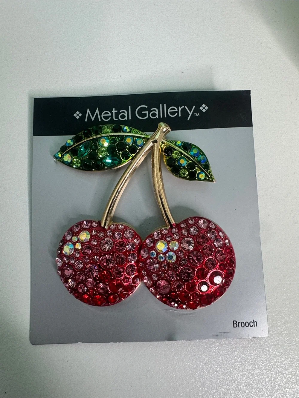 Metal Gallery Crystal Cherry Brooch - Red & Green